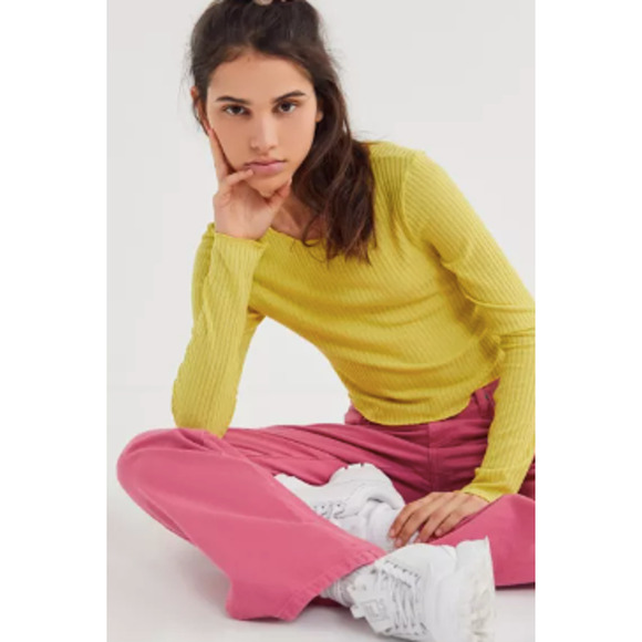 ⭐️ Project Social T x Urban Outfitters Yellow Ribbed Crop LS - Picture 1 of 6
